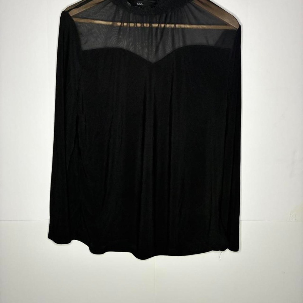 Adele & May Black Mesh Long Sleeve Blouse with Ruffled Neckline Size XL